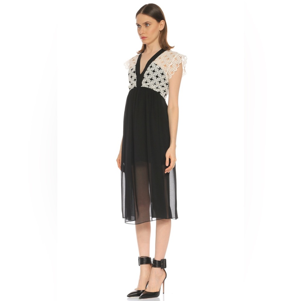 Sandro Paris Lace Trim Midi Dress in Black and White - Picture 2 of 15